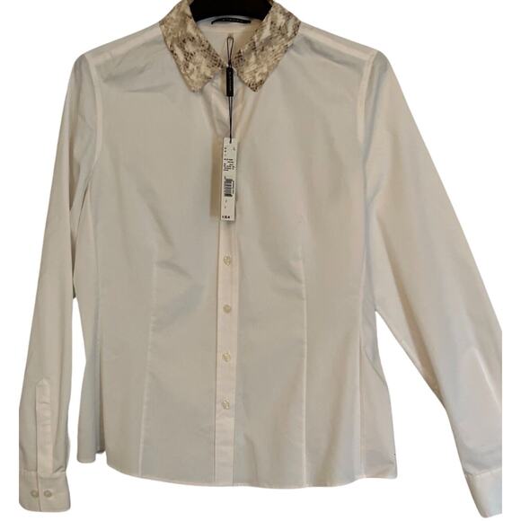 Elie Tahari Blouse Womens Size L White Long Sleeve Button Front Animal Print NWT - Picture 1 of 7
